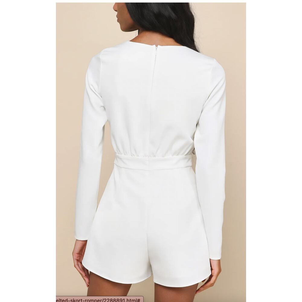 NWT Lulus Rooftop Bar White Long Sleeve Faux-Wrap Belted Skort Romper Size XS - Picture 3 of 7